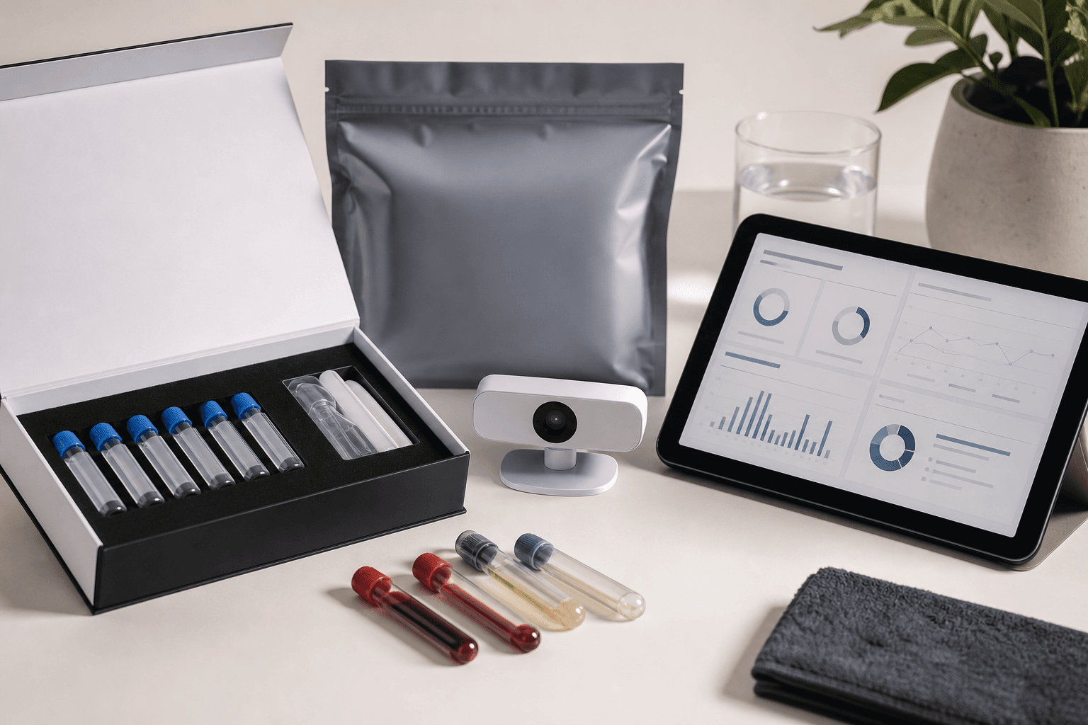 A modern TRT telehealth kit with labs and video consultation
